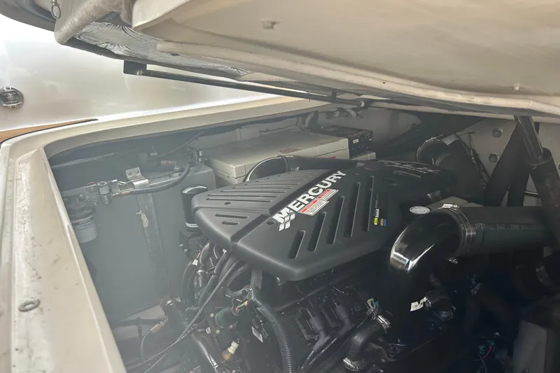 Whataboat Yacht Photos Pics Engine compartment of a 2005 Sea Ray 360 Sundancer with Mercury engine.