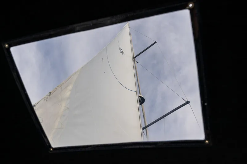 Into The Blue Yacht Photos Pics Sail view from Jeanneau Sun Odyssey 410, 2022 model, through a hatch.