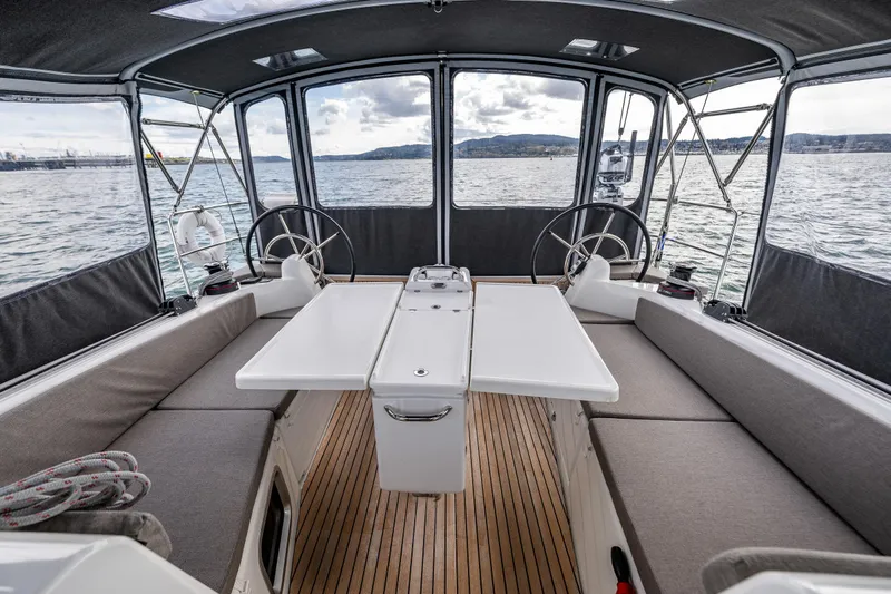 Into The Blue Yacht Photos Pics Interior view of 2022 Jeanneau Sun Odyssey 410 sailboat with dual steering wheels.