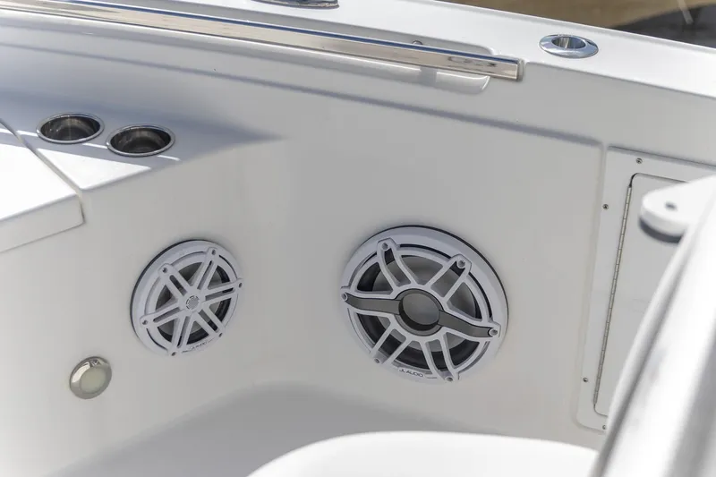  Yacht Photos Pics 2024 Crevalle 26 HCO boat interior with JL Audio speakers and cup holders.