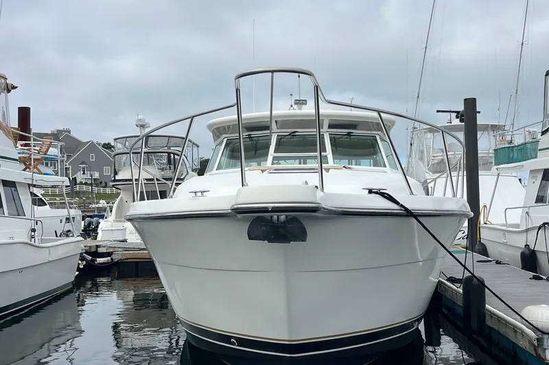 Summah Sled Yacht Photos Pics 1999 Tiara Yachts 4000 Express docked at marina, front view.