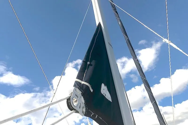 Sweet & Salty Yacht Photos Pics Sailboat mast and rigging against blue sky, Hunter 39, 2011 model.