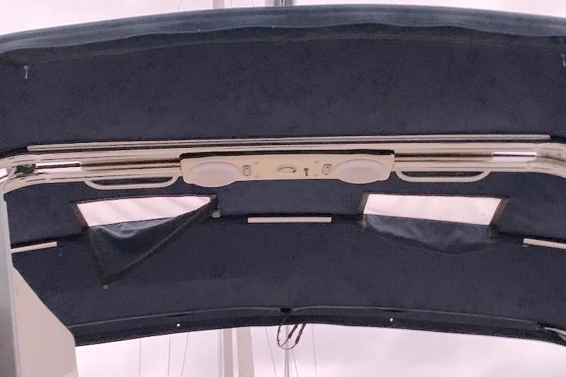 Sweet & Salty Yacht Photos Pics Bimini top of a 2011 Hunter 39 sailboat with integrated speakers.