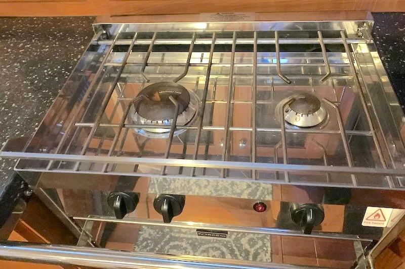 Sweet & Salty Yacht Photos Pics Stainless steel two-burner stove on a Hunter 39, 2011 model yacht.