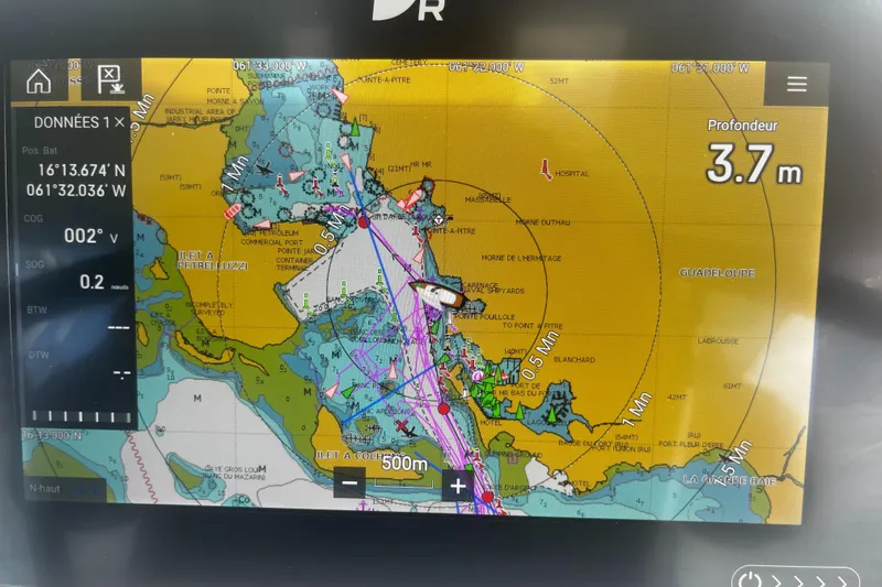Chivalry Yacht Photos Pics Navigation display on a Beneteau 461, showing nautical chart and depth of 3.7 meters.