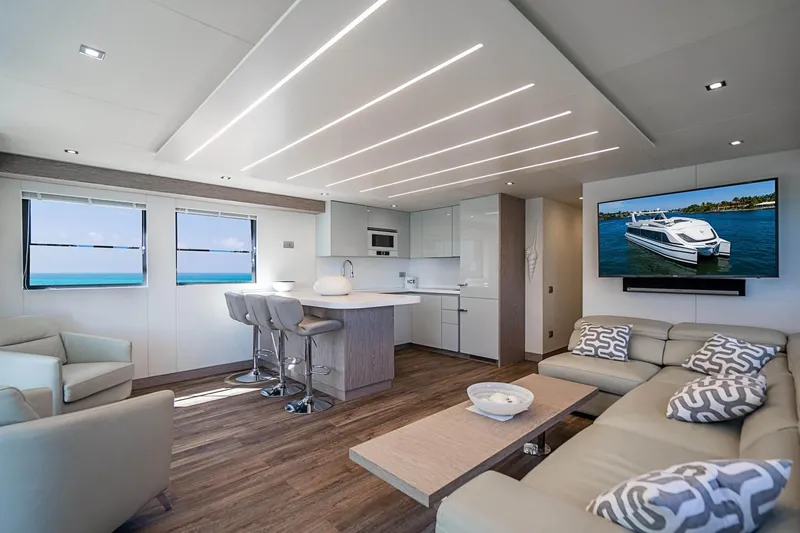 Persistence Yacht Photos Pics Luxurious interior of the 2017 Overblue 58 Power Catamaran.