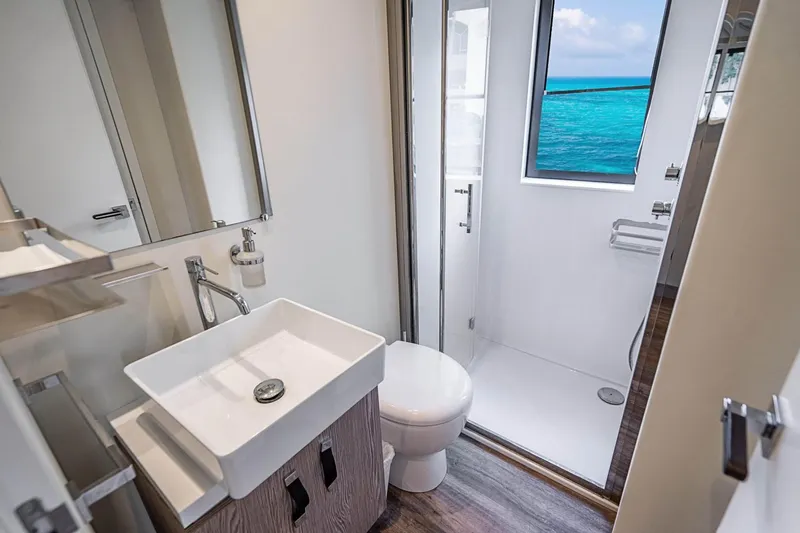 Persistence Yacht Photos Pics Bathroom in 2017 Overblue 58 Power Catamaran with ocean view.