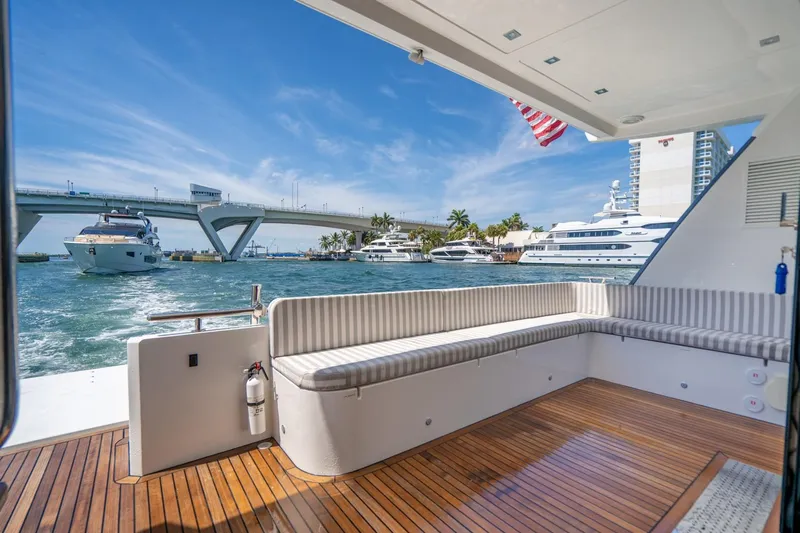 Persistence Yacht Photos Pics Deck of a 2017 Overblue 58 Power Catamaran overlooking the harbor.