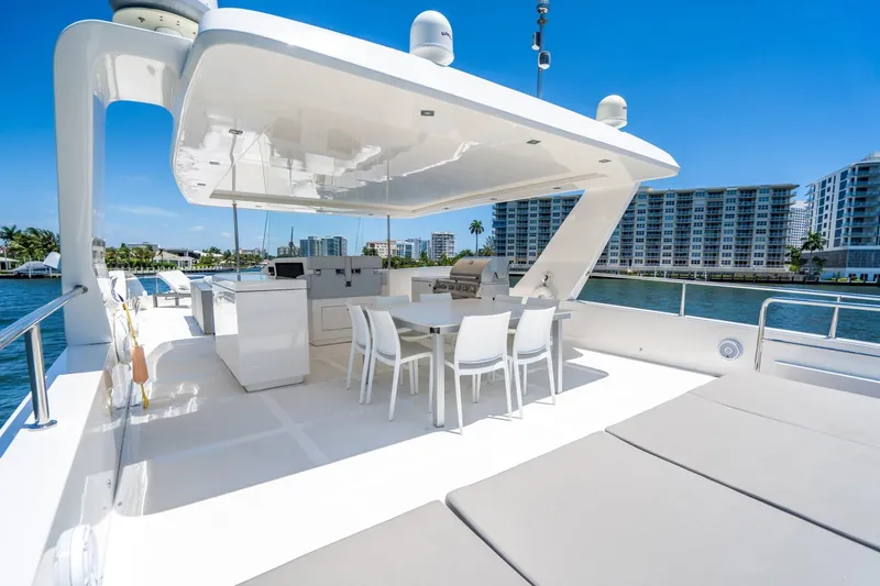 Persistence Yacht Photos Pics Luxurious deck of Overblue 58 Power Catamaran, 2017 model, featuring modern design.