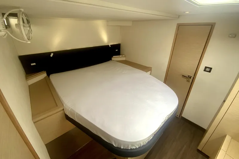 Jajapami Yacht Photos Pics Interior cabin of 2017 Fountaine Pajot SABA 50 catamaran with bed and modern design.