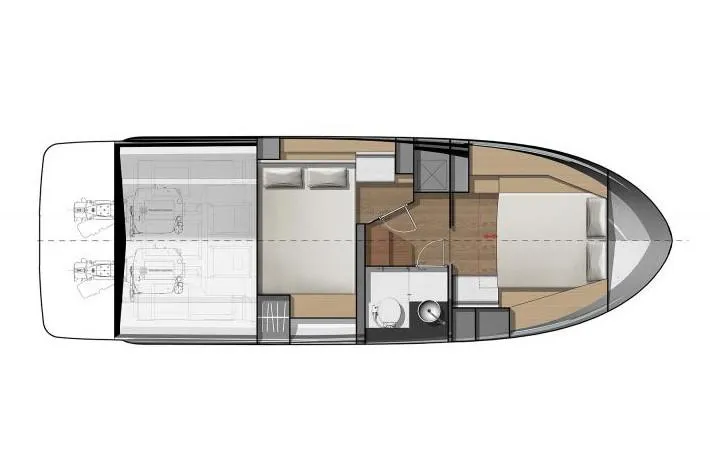  Yacht Photos Pics Floor plan of 2019 Jeanneau NC 33 boat, featuring cabins and bathroom layout.