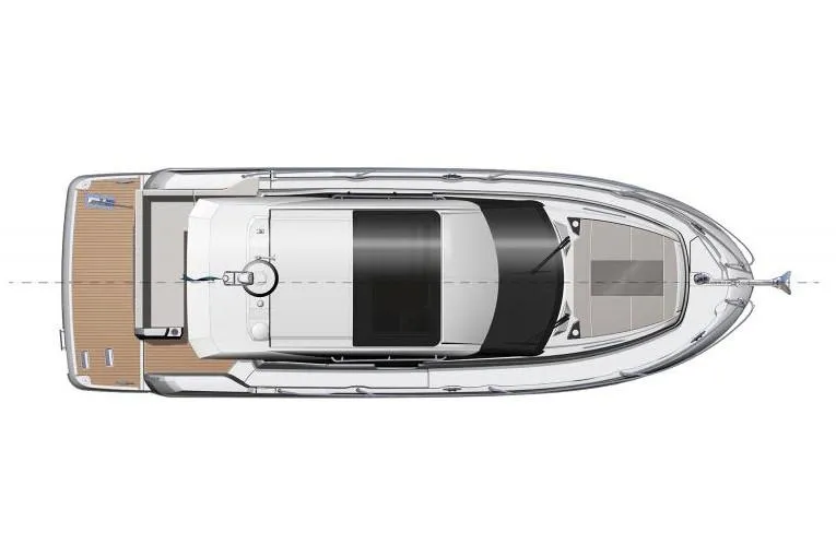  Yacht Photos Pics Top view of a 2019 Jeanneau NC 33 boat layout, showcasing deck and cabin design.