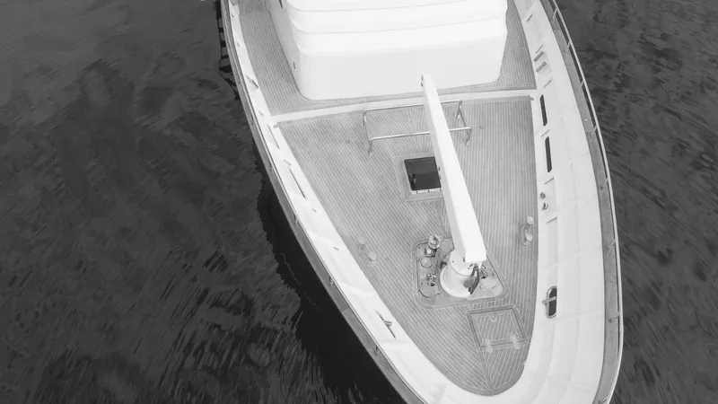 Laziza Yacht Photos Pics Aerial view of 2004 Benetti Sail Division 82 RPH yacht's deck on calm water.
