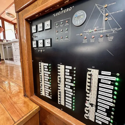  Yacht Photos Pics Electrical control panel on 1994 Viking Marin Caicco yacht, labeled "Lucifero," with switches and indicators.