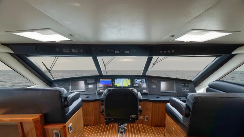 Nailed It Yacht Photos Pics Luxurious 2008 Viking 74EB yacht helm with ocean view and advanced navigation systems.