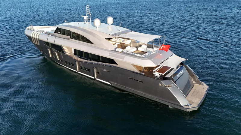 Aquila Yacht Photos Pics Luxurious 2015 Mengi Yay 36M Pennon yacht cruising on open water.