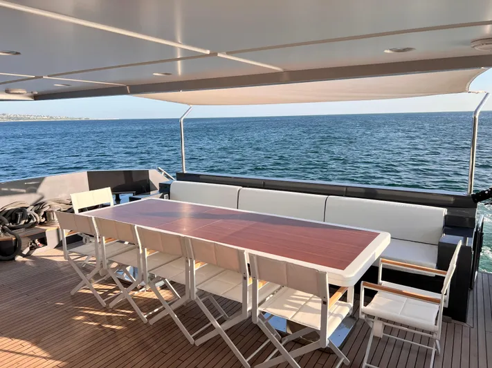 Aquila Yacht Photos Pics Spacious deck of 2015 Mengi Yay 36M Pennon yacht with ocean view and seating area.