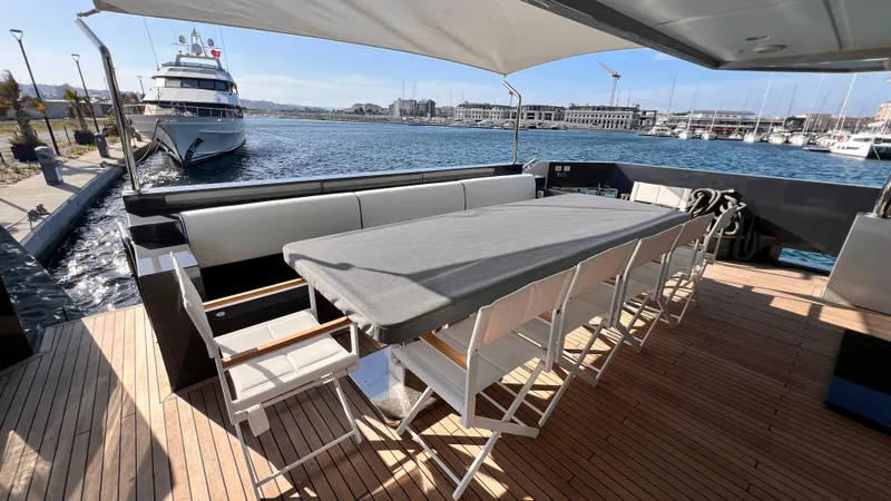 Aquila Yacht Photos Pics Luxurious 2015 Mengi Yay 36M Pennon yacht with elegant outdoor dining area.