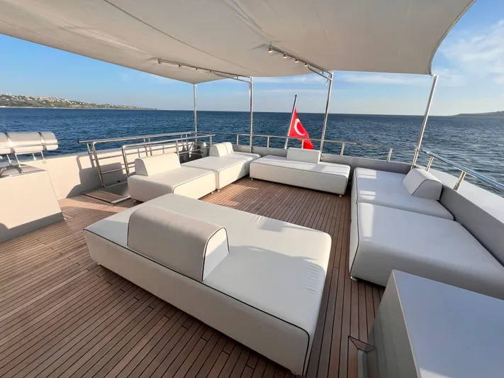 Aquila Yacht Photos Pics Luxurious 2015 Mengi Yay 36M Pennon yacht deck with white seating and ocean view.