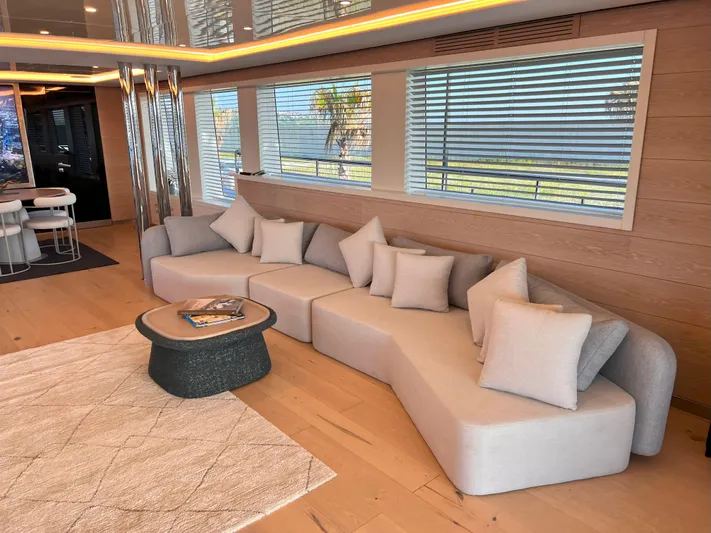 Aquila Yacht Photos Pics Luxurious interior of 2015 Mengi Yay 36M Pennon yacht with modern seating and decor.