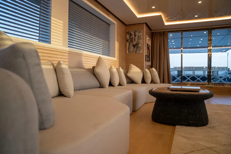 Aquila Yacht Photos Pics Luxurious interior of 2015 Mengi Yay 36M Pennon yacht with modern seating and decor.