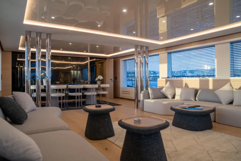 Aquila Yacht Photos Pics Luxurious interior of 2015 Mengi Yay 36M Pennon yacht with modern seating and elegant decor.