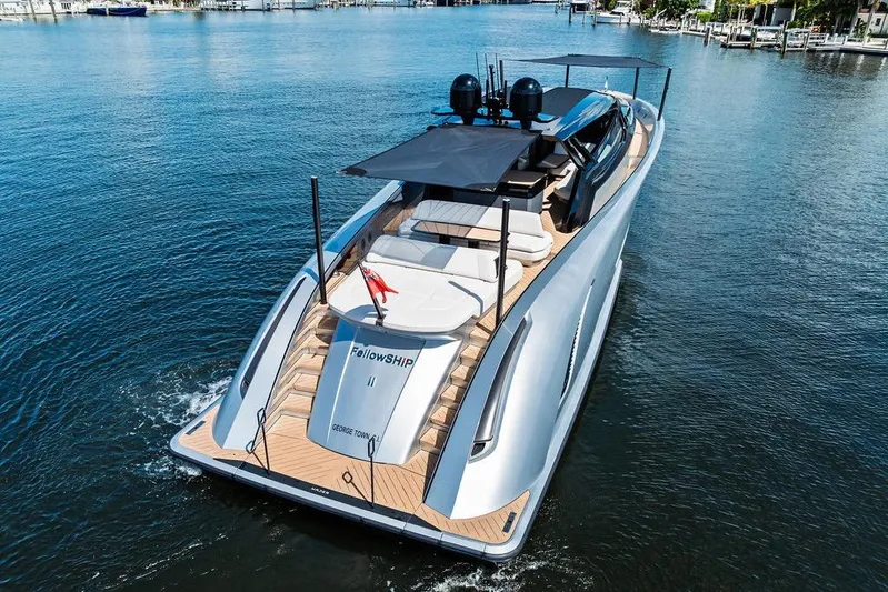 Fellowship II Yacht Photos Pics Luxurious 2023 Wajer 77 yacht cruising on serene waters, showcasing sleek design and elegance.