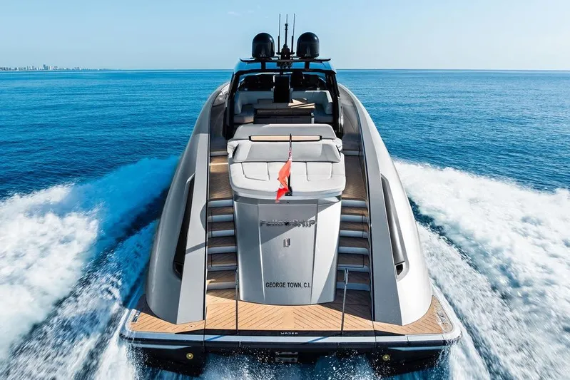 Fellowship II Yacht Photos Pics Luxury Wajer 77 yacht cruising on open sea, 2023 model, rear view.
