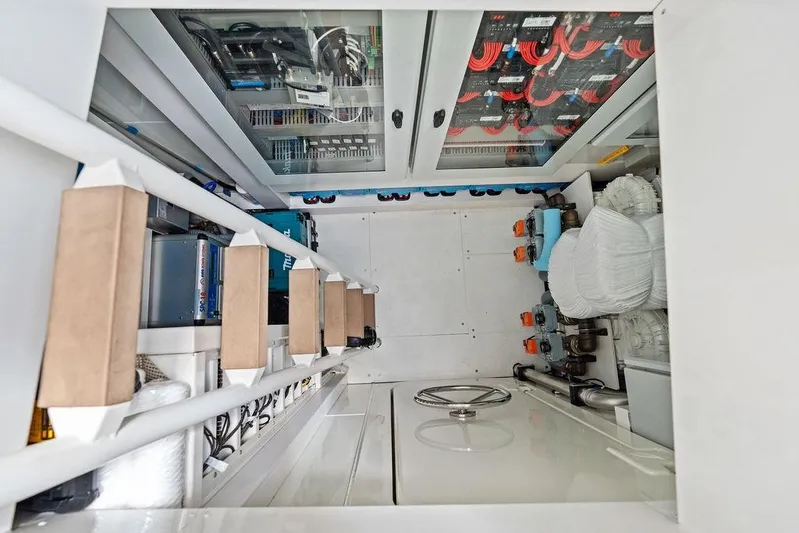 Fellowship II Yacht Photos Pics Engine room of 2023 Wajer 77 yacht, featuring advanced electrical systems and equipment.