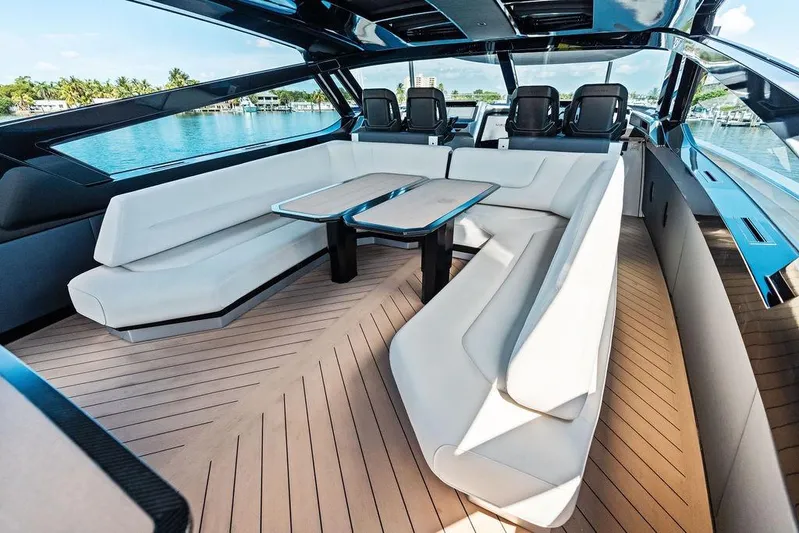 Fellowship II Yacht Photos Pics Luxurious interior of 2023 Wajer 77 yacht with sleek seating and modern design.