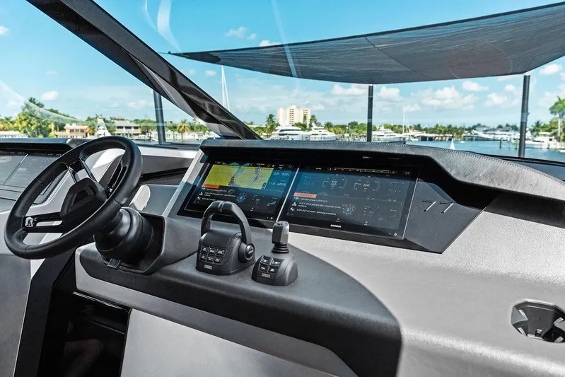 Fellowship II Yacht Photos Pics Interior view of 2023 Wajer 77 yacht cockpit with advanced navigation system.