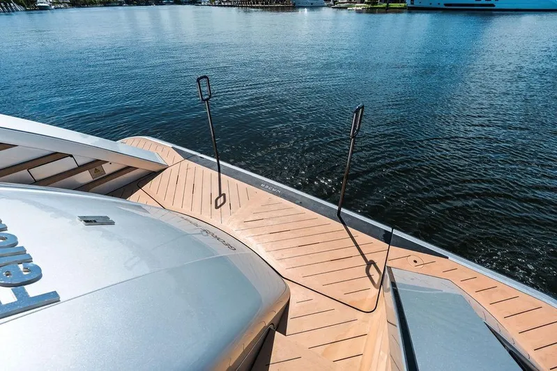 Fellowship II Yacht Photos Pics Luxury Wajer 77 yacht deck overlooking serene water, 2023 model.