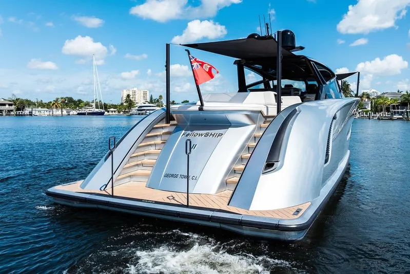 Fellowship II Yacht Photos Pics Luxury 2023 Wajer 77 yacht on water, featuring sleek design and elegant deck.