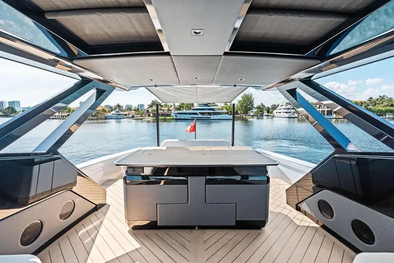 Fellowship II Yacht Photos Pics Luxurious 2023 Wajer 77 yacht interior with sleek design and waterfront view.