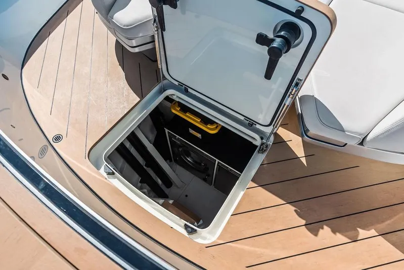 Fellowship II Yacht Photos Pics Open hatch on 2023 Wajer 77 yacht deck, revealing storage compartment.