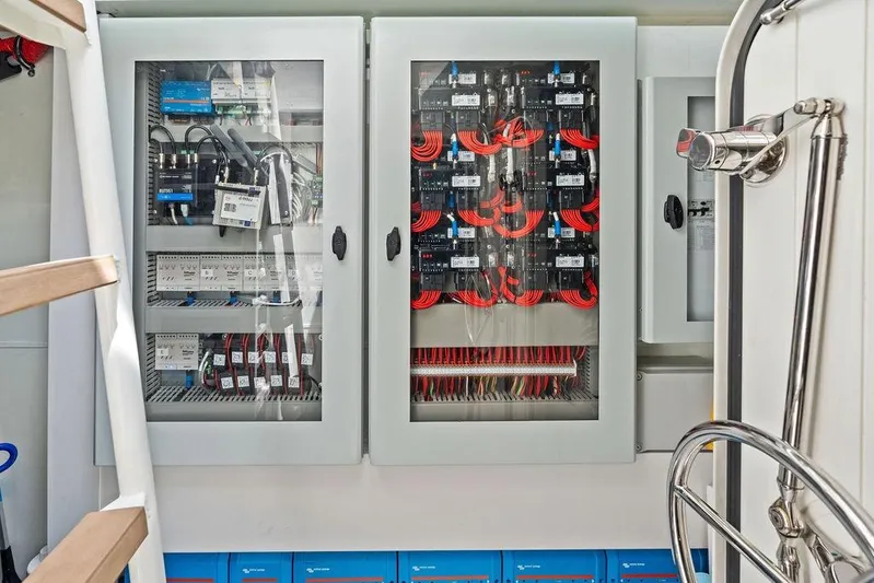 Fellowship II Yacht Photos Pics Electrical control panel inside 2023 Wajer 77 yacht, showcasing organized wiring and components.