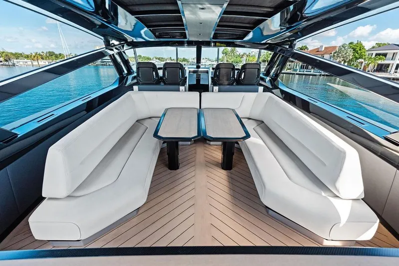 Fellowship II Yacht Photos Pics Luxurious interior of 2023 Wajer 77 yacht with elegant seating and sleek design.