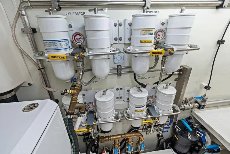 Fellowship II Yacht Photos Pics Engine room of 2023 Wajer 77 yacht with Racor fuel filters and separators.