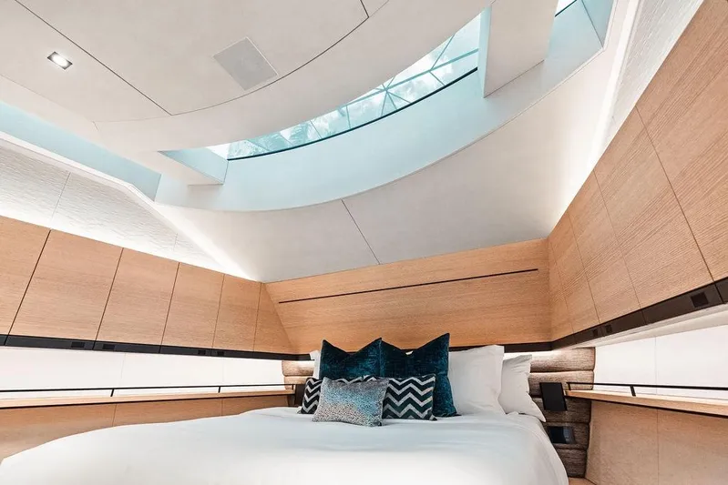 Fellowship II Yacht Photos Pics Luxurious interior cabin of 2023 Wajer 77 yacht with skylight and modern design.