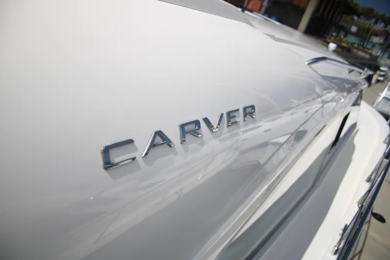 Skywalker Yacht Photos Pics Close-up of 2018 Carver C43 Coupe yacht with logo.