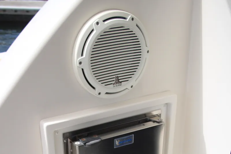 Skywalker Yacht Photos Pics White JL Audio speaker on a 2018 Carver C43 Coupe boat interior.