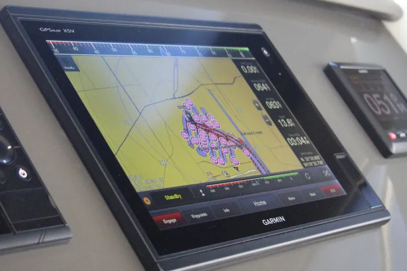 Skywalker Yacht Photos Pics Garmin GPS display in 2018 Carver C43 Coupe, showing navigation map and controls.