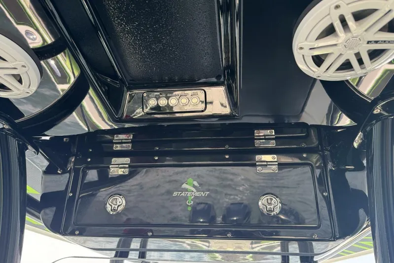  Yacht Photos Pics 2018 Statement 380 Open boat console with speakers and control panel.