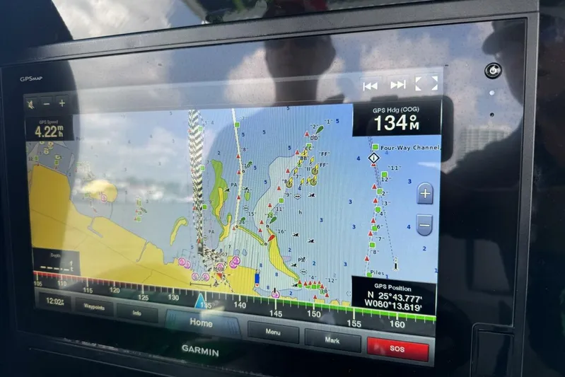  Yacht Photos Pics Garmin GPS display on 2018 Statement 380 Open, showing nautical chart and coordinates.