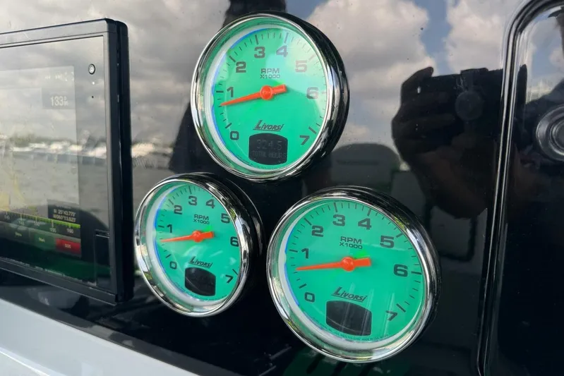  Yacht Photos Pics Dashboard of 2018 Statement 380 Open with Livorsi RPM gauges.