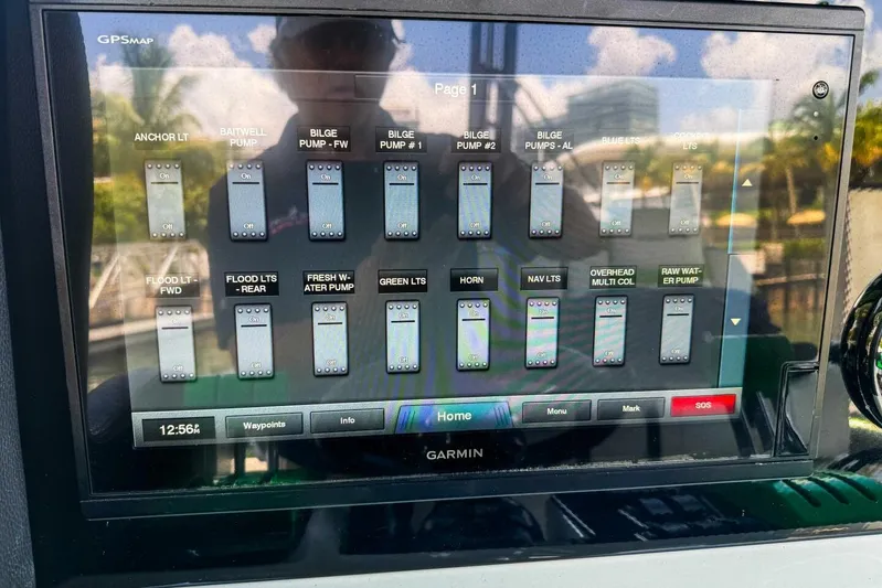  Yacht Photos Pics Garmin GPS display on 2018 Statement 380 Open boat, showing various pump and light controls.