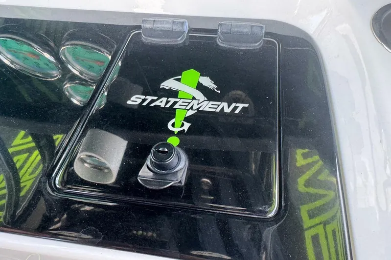  Yacht Photos Pics Statement 380 Open 2018 boat dashboard with logo and control panel.