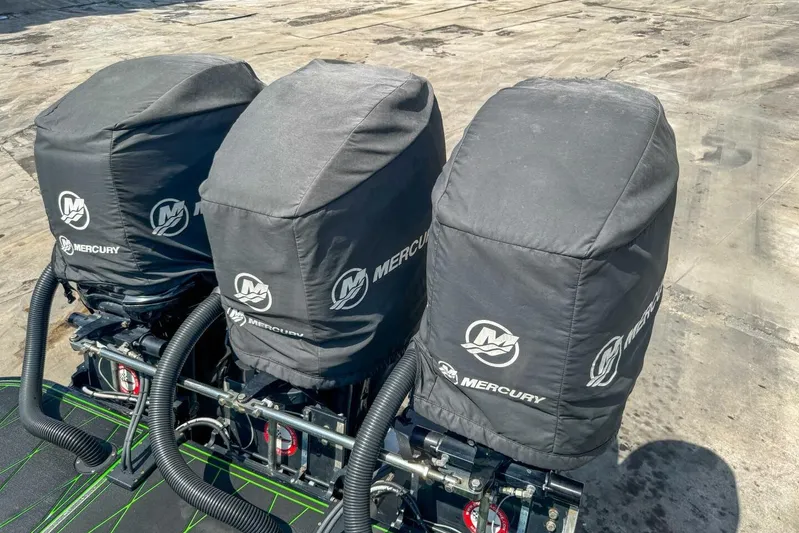  Yacht Photos Pics Three covered Mercury outboard engines on a 2018 Statement 380 Open boat.