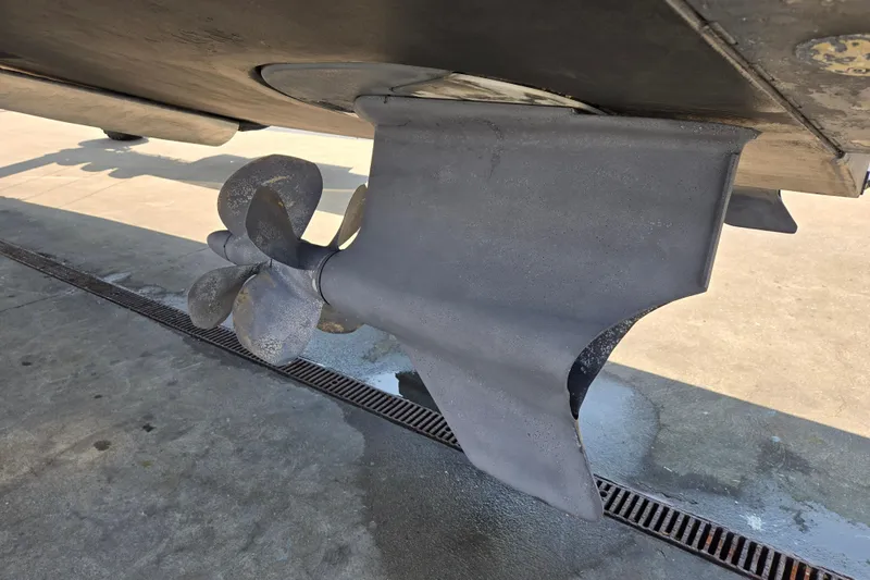 Eagle Wing Yacht Photos Pics Propeller and rudder of 2017 MJM 40z Downeast boat on dry dock.