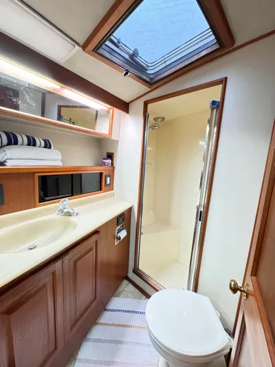 Sunshine State Yacht Photos Pics 1987 Viking 48 Motoryacht bathroom with shower and skylight.